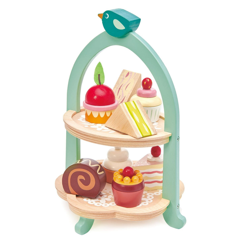 Tender Leaf wooden toys cake stand with cupcakes and sandwiches for predend play with children