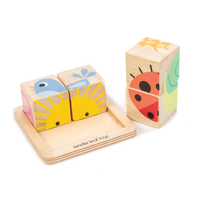 Tender Leaf wooden Baby Blocks for toddlers with ladybug and sunshine illustrations