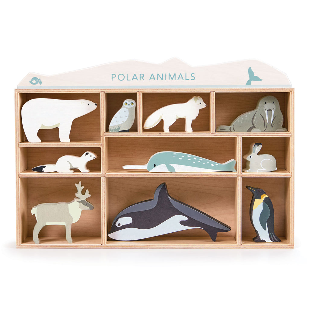 tenderleaf wooden toy Polar Animals Shelf with whale polar bear deer stoat rabbit fox owl penguin and walrus