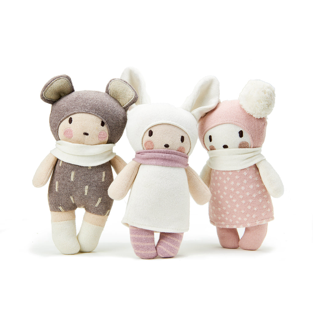 threadbear design baby and toddler toys soft knitted bear doll with ears scarf and socks in beige biscuit and cream