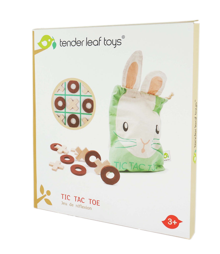 Tender Leaf Toys wooden tic tac toe game with 5 wooden crosses and 5 wooden circles and a bunny drawstring bag