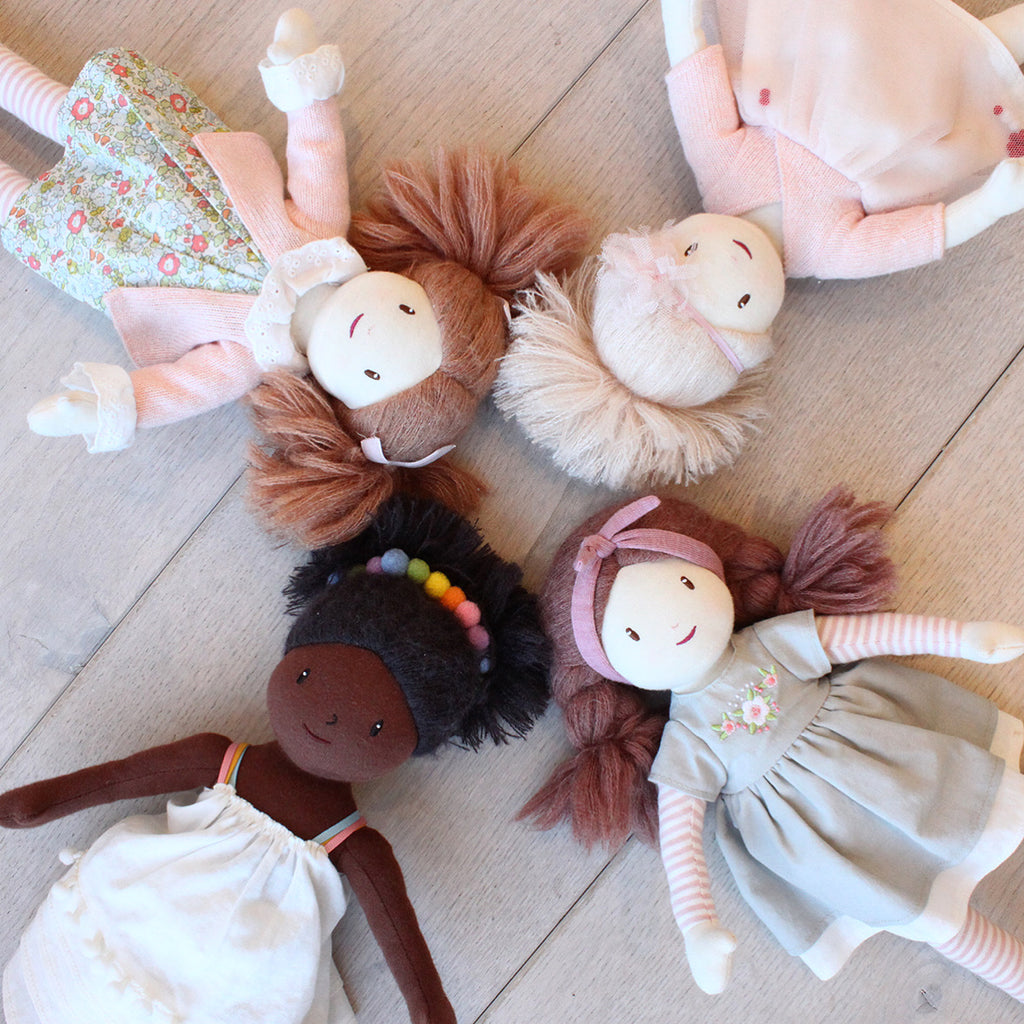 plastic-free sustainable toy Threadbear rag doll soft for children with plaits and dress