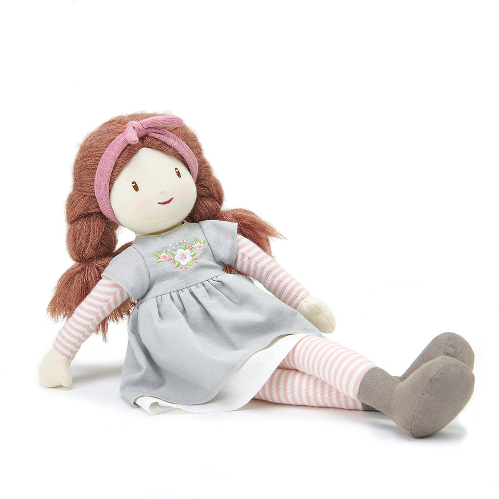 plastic-free sustainable toy Threadbear rag doll soft for children with plaits and dress