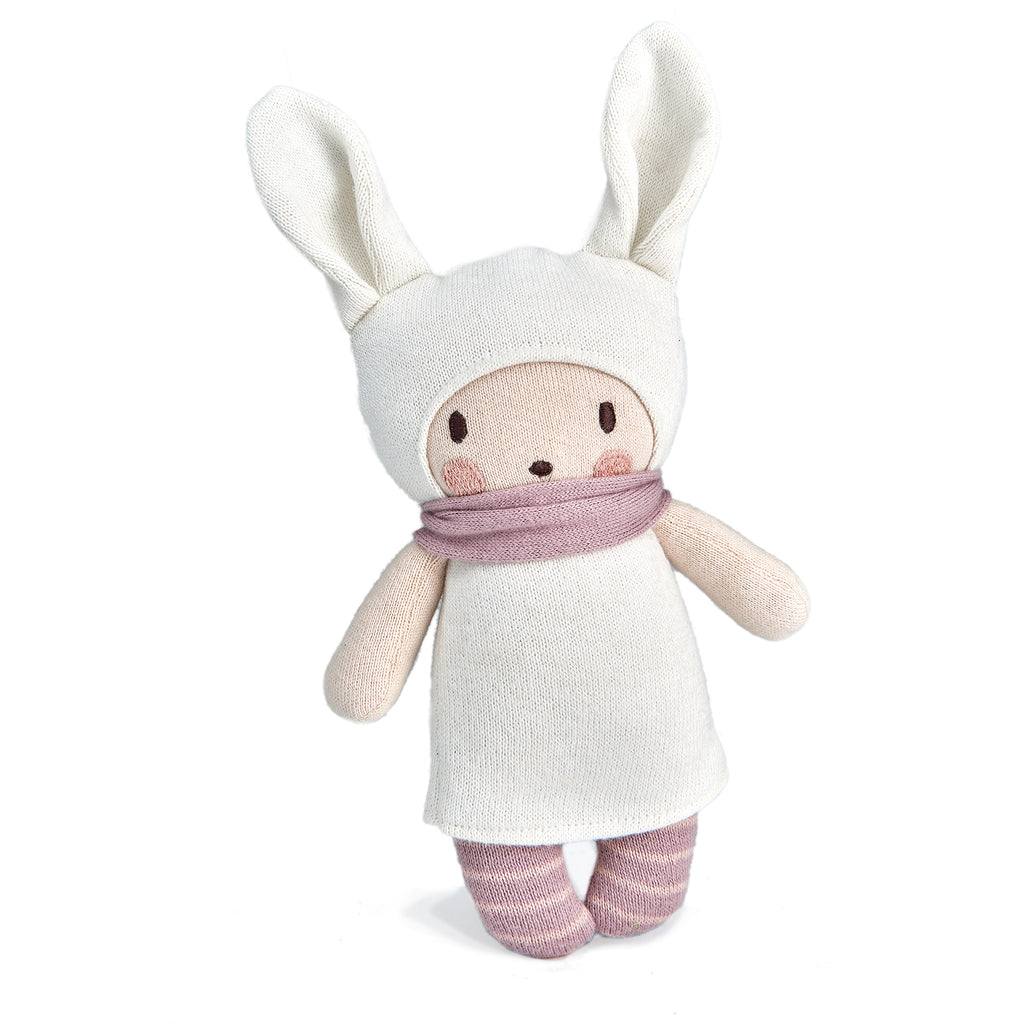 threadbear design baby and toddler toys soft knitted bunny rabbit doll with scarf and stripes in cream white and pink