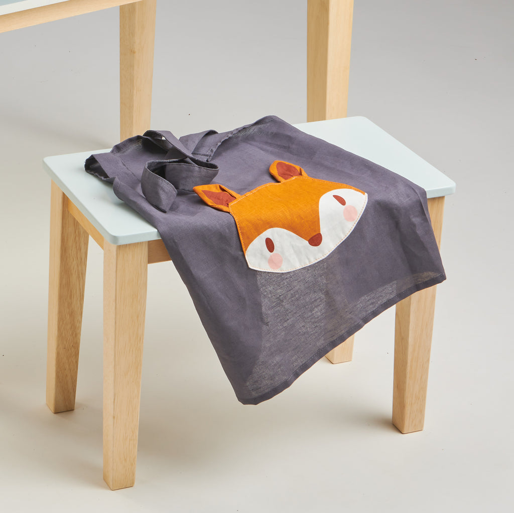 linen apron for children with fox cub pocket machine washable and plastic-free in charcoal navy grey