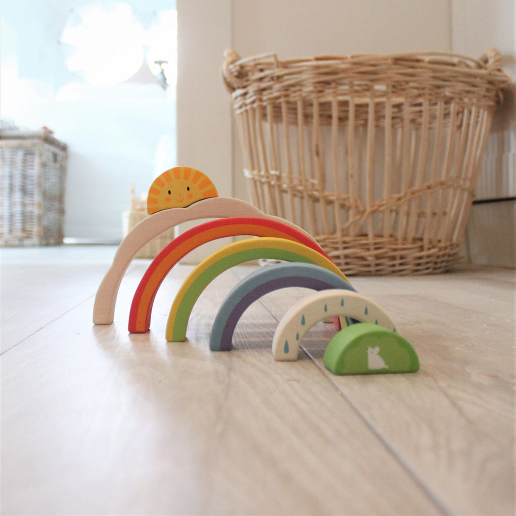 Tender Leaf Toys wooden rainbow tunnel stacking puzzle for children