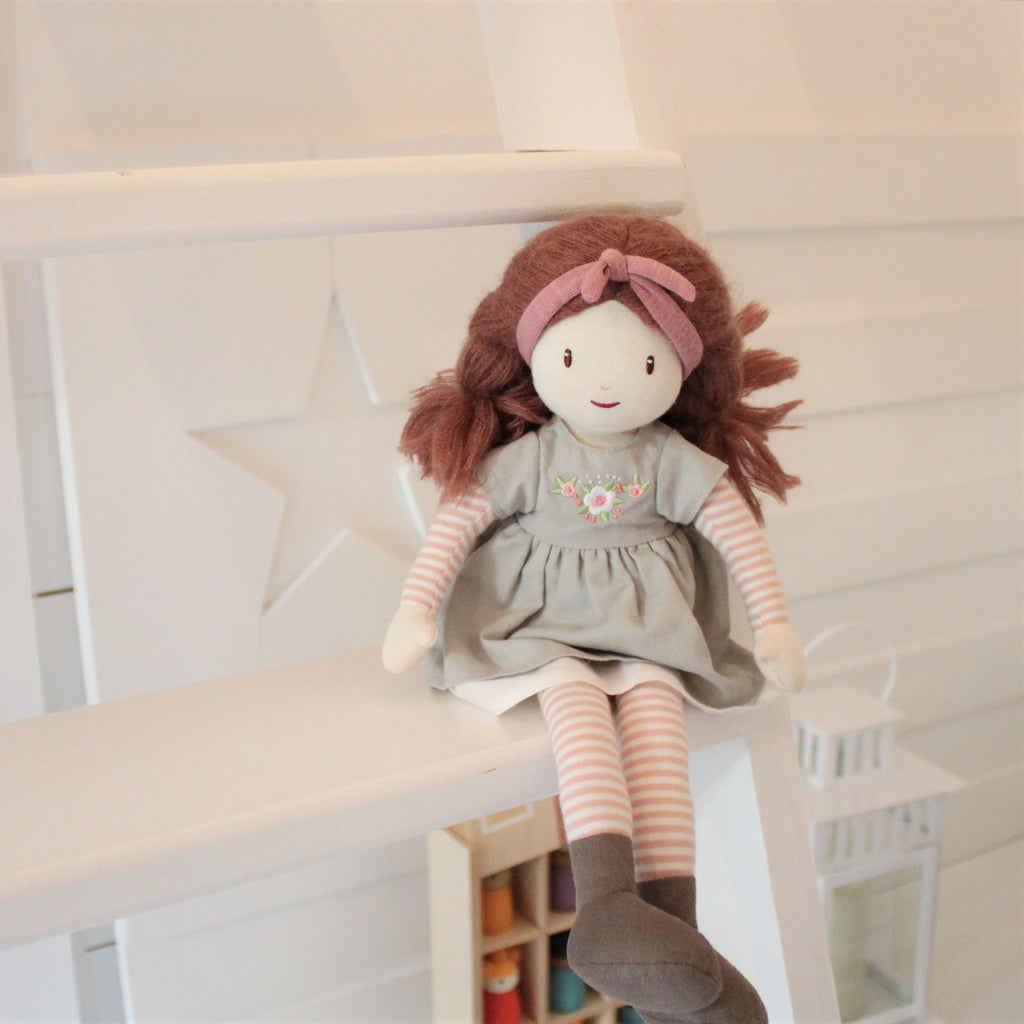 plastic-free sustainable toy Threadbear rag doll soft for children with plaits and dress