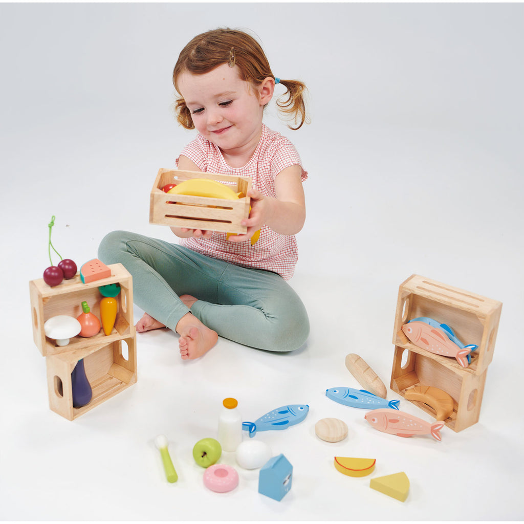 wooden play food market fish basket