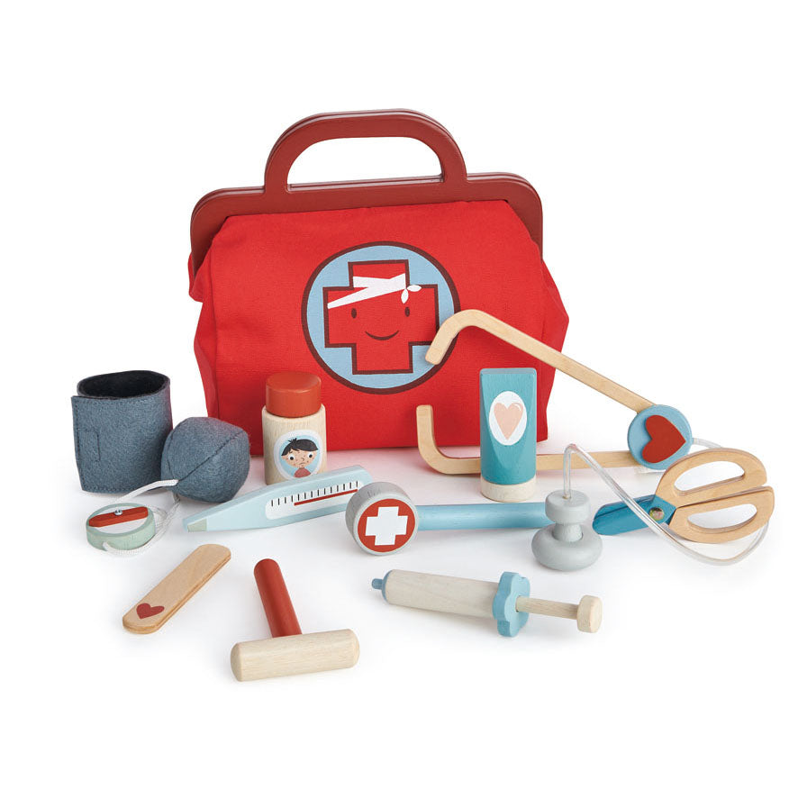Tender leaf wooden toys doctors bag play game set for children with stethoscope ointment thermometer mask and scissors in red