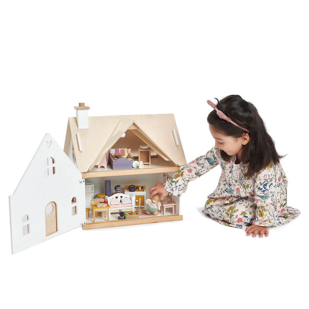 Tender Leaf wooden toy dolls house cottontail cottage with pink and white windows and doors