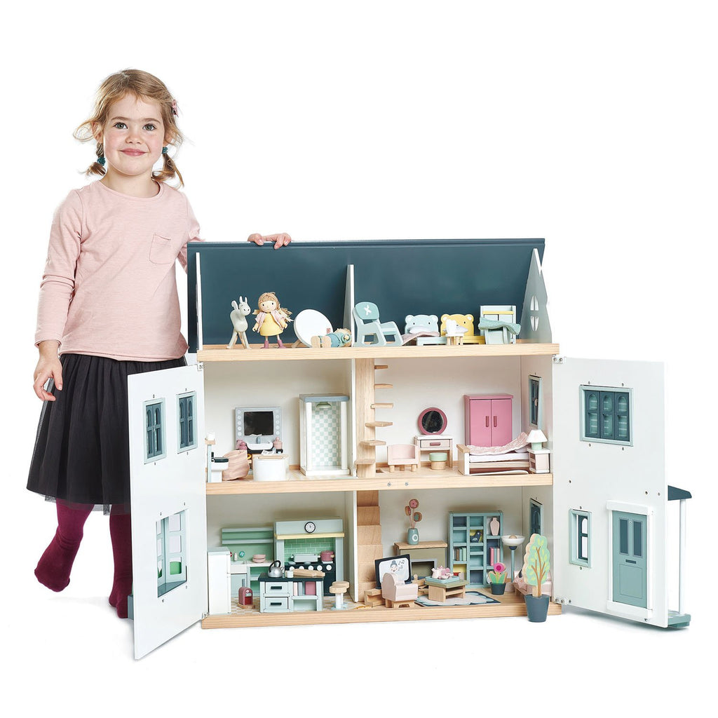 Tender Leaf Toys Wooden Dolls House sitting room furniture set with sofa, tv, bookshelf, and chair