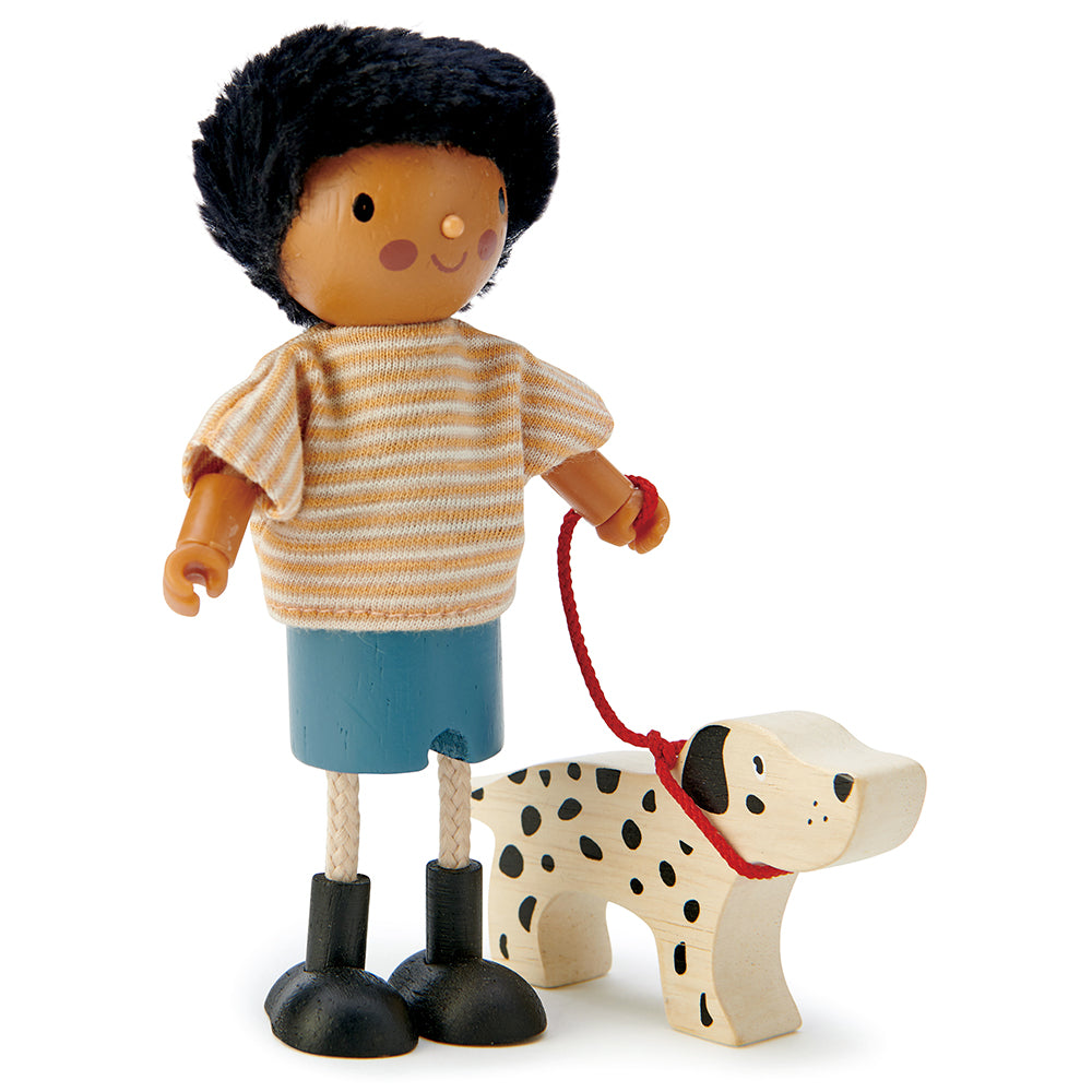 Tender leaf wooden toys dad doll with bendy arms and legs for children and toddlers with Dalmatian puppy dog pet