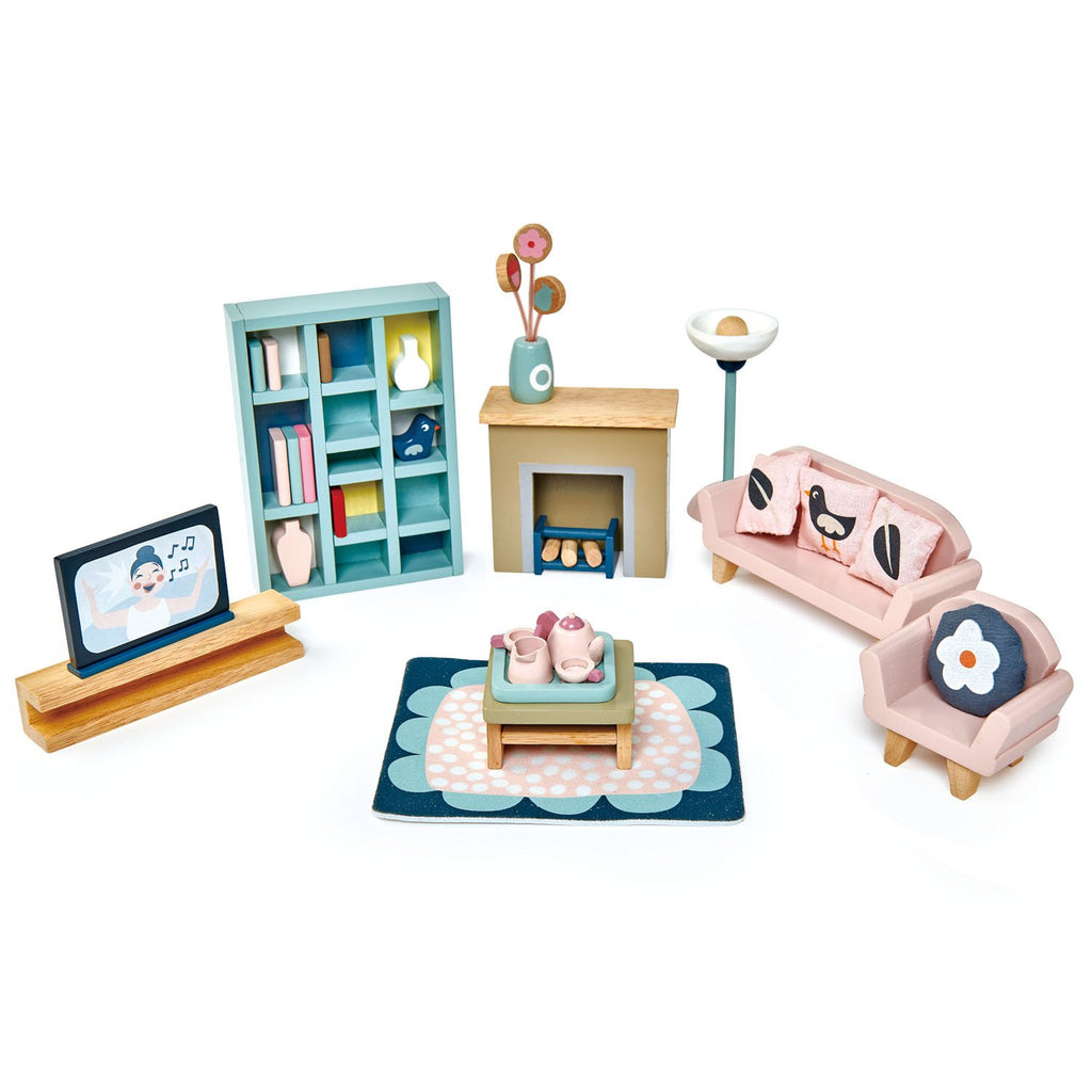 Tender Leaf Toys Wooden Dolls House sitting room furniture set with sofa, tv, bookshelf, and chair