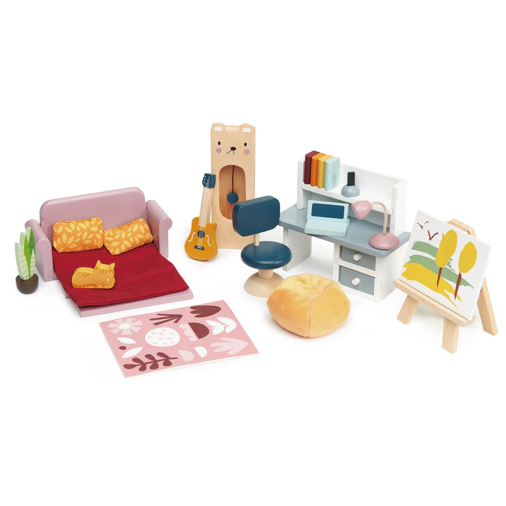 Tender Leaf Toys Wooden Dolls House study furniture set with sofa, clock, desk and computer 