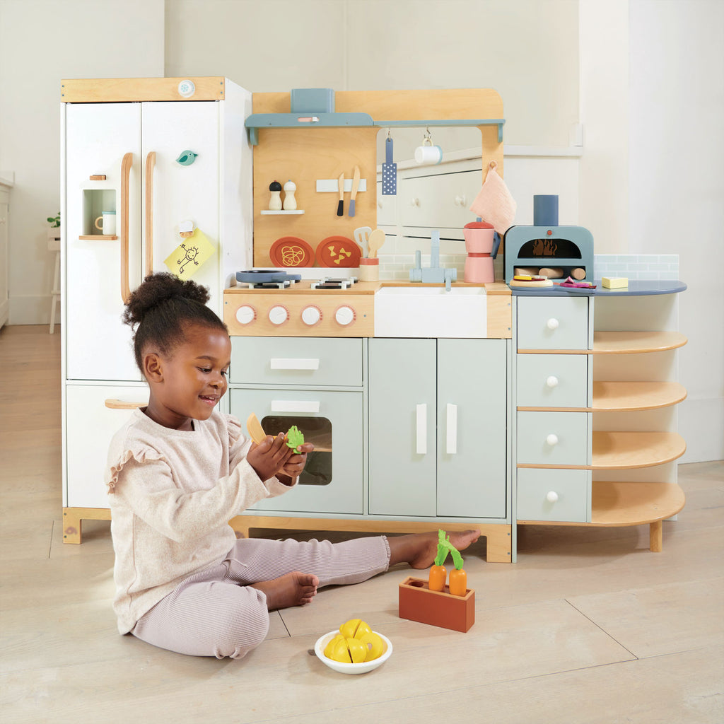 tenderleaf wood toy premium luxury kitchen for children with pizza oven, accessories and play food