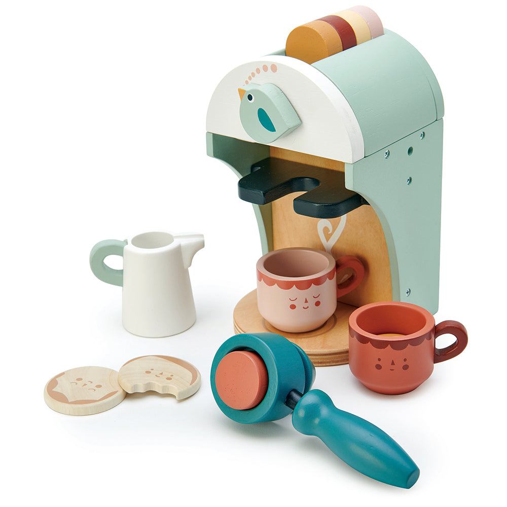 tenderleaf wooden toy plastic-free espresso pretend play set for tea time parties for children with cups saucers coffee pods milk frother