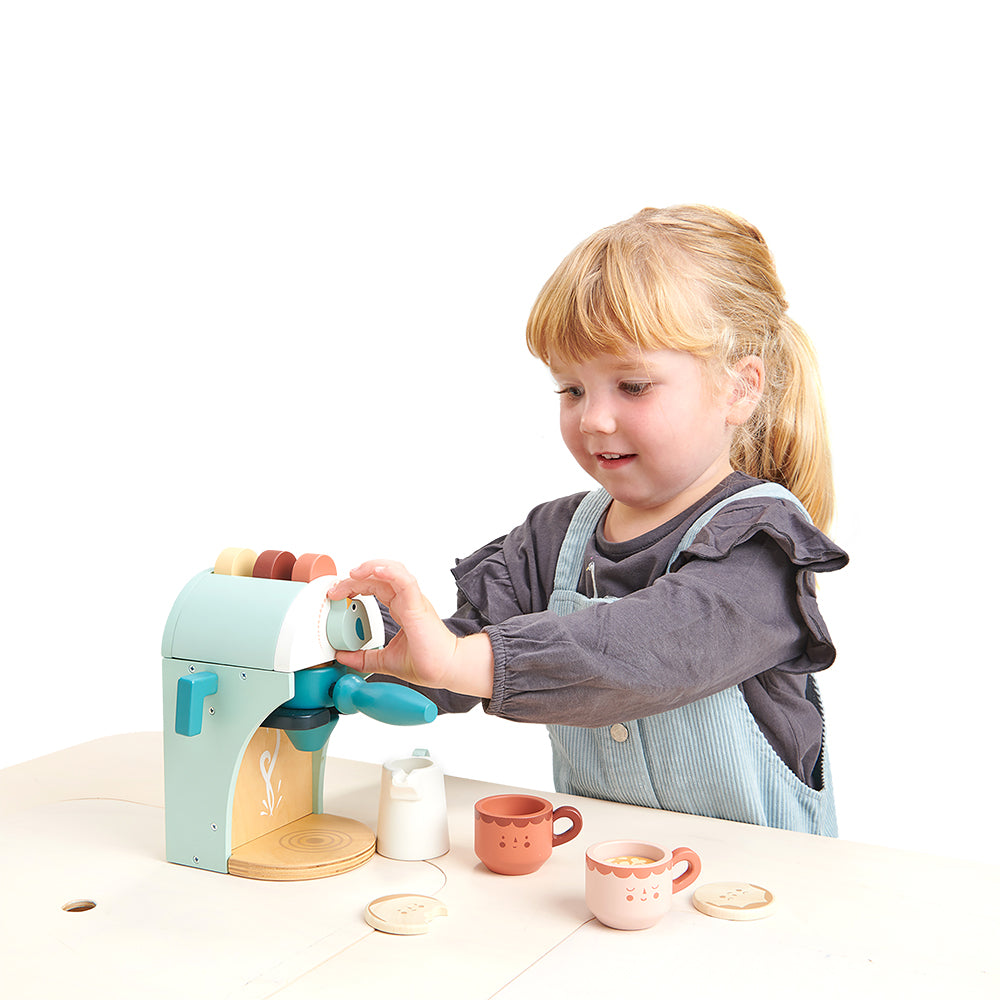 tenderleaf wooden toy plastic-free espresso pretend play set for tea time parties for children with cups saucers coffee pods milk frother