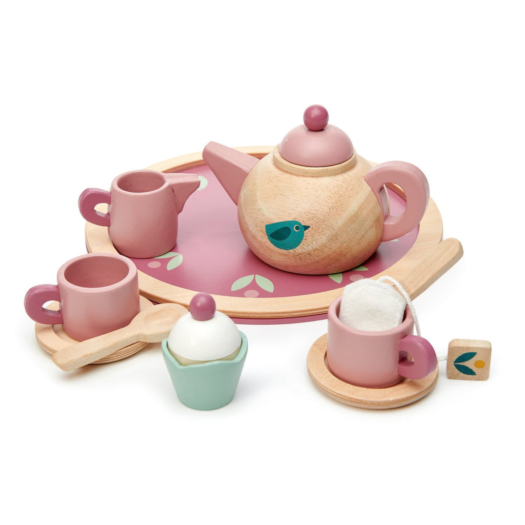 Tender Leaf pretend play toys wooden tea set with cupcake and teapot in pink 