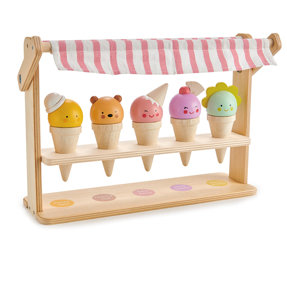Tender Leaf wooden plastic free toy ice cream lolly stand with smiling faces and colourful tops. perfect gift for children in the summer
