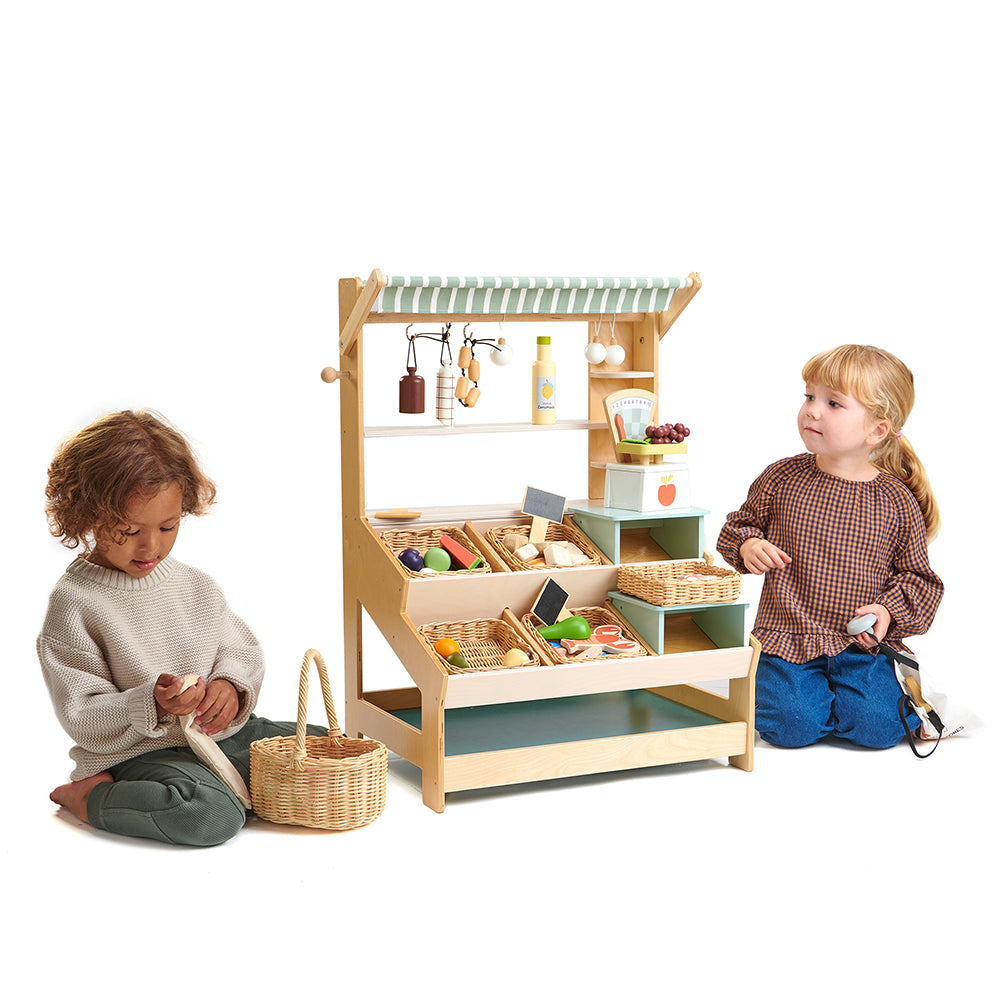 Tenderleaf wooden toys plastic free market stall stand toy for pretend play with children develop social and learning skills