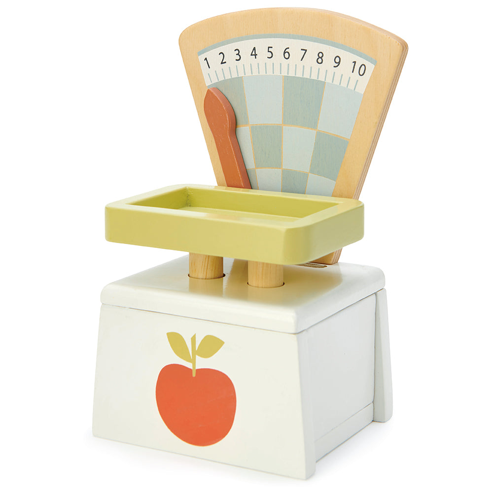 Tender Leaf wooden market day weighing scales for children. Great for pretend play and play food perfect for pretend shopping with kids