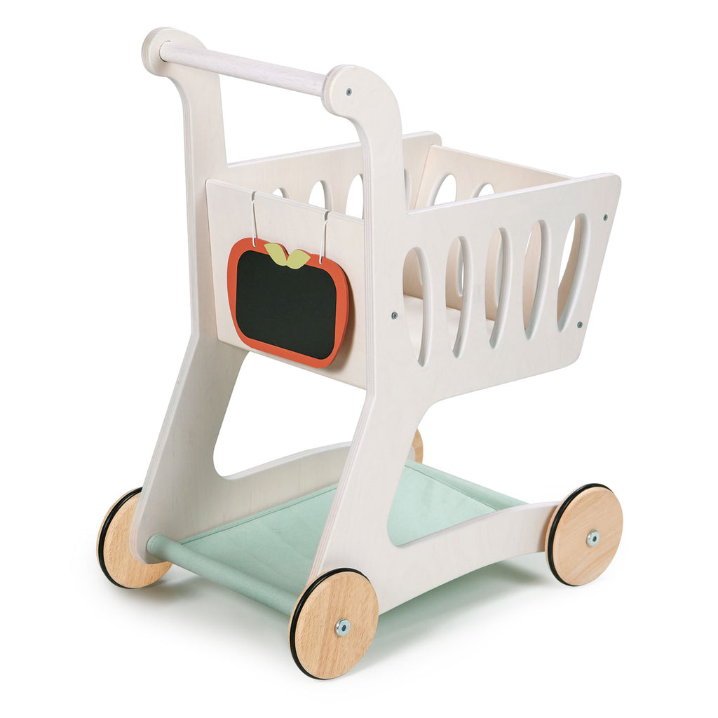 tenderleaf wood shopping cart with apple chalkboard