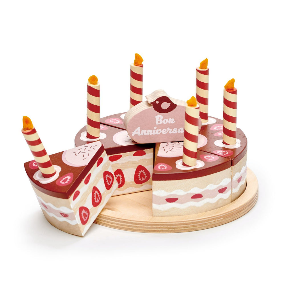 Tender Leaf wooden toys play food chocolate cake with bon anniversaire motif