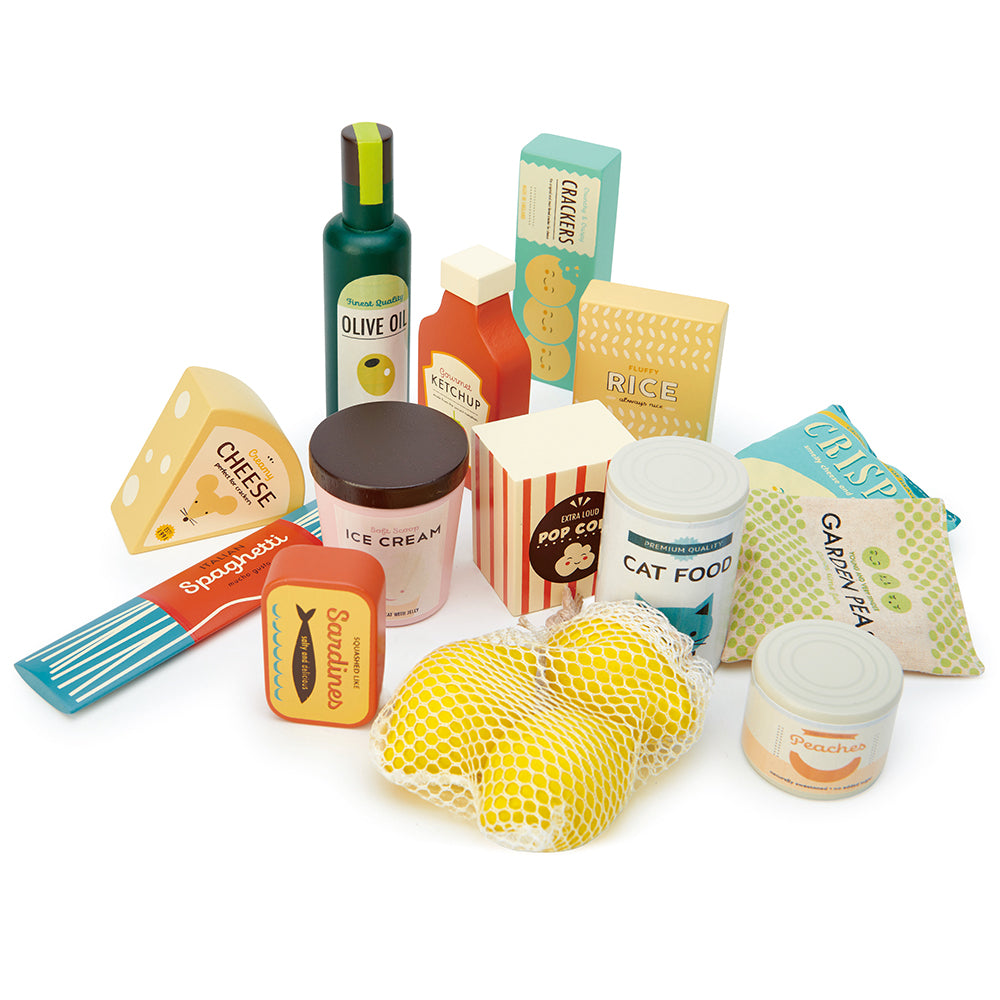 Tender Leaf wooden play food set for children with olive oil ketchup crackers cheese cat food ice cream sardines spaghetti pop corn peas lemons tinned peaches and cheese