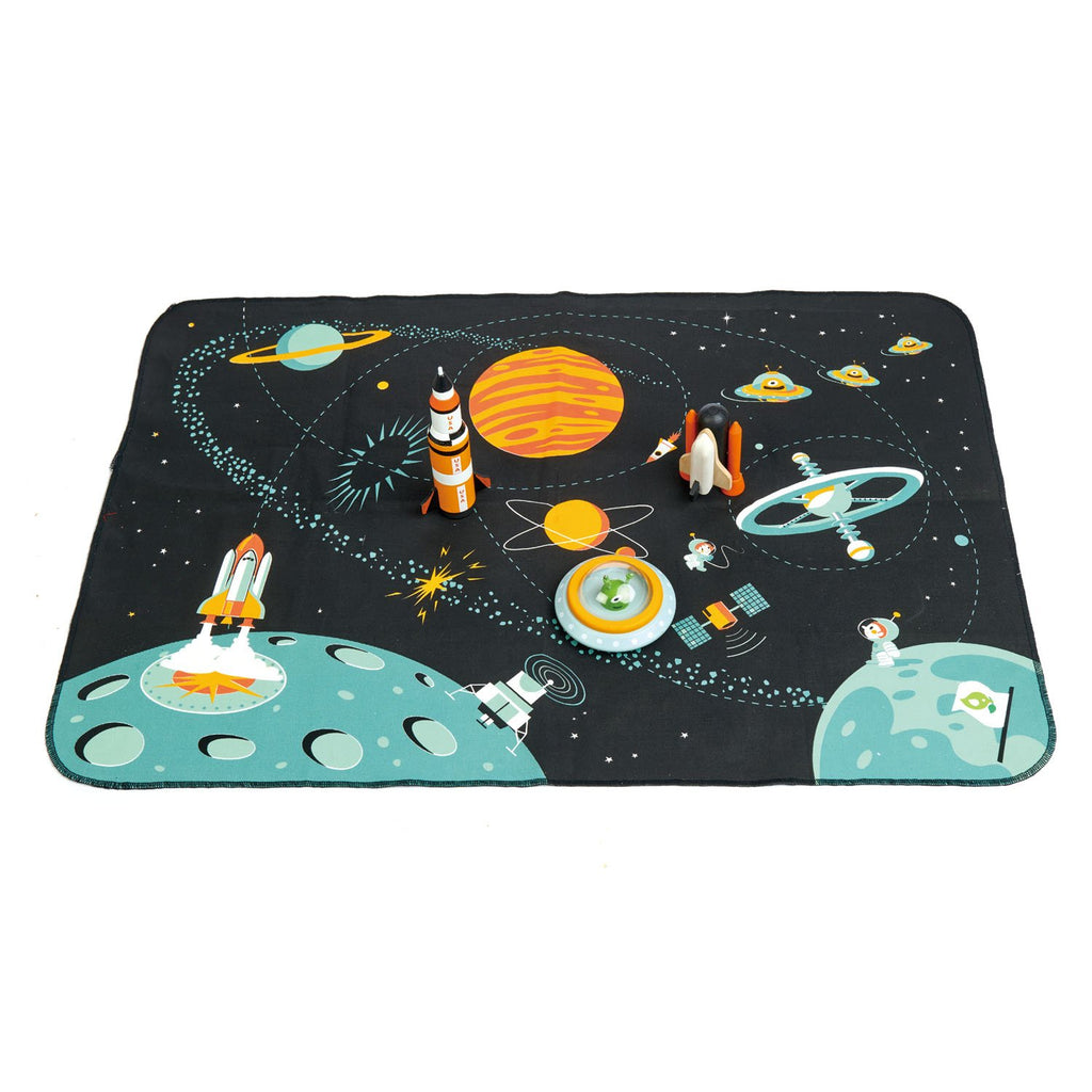 Tender Leaf Toys wooden space theme play mat. Includes wooden accessorie