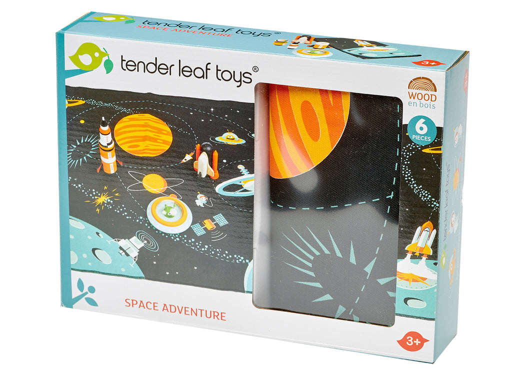 Tender Leaf Toys wooden space theme play mat. Includes wooden accessorie