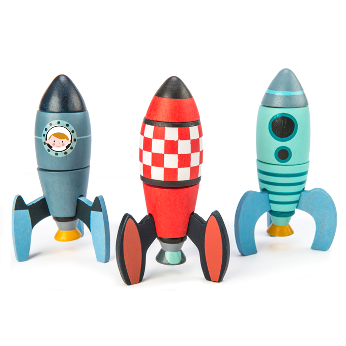 Tender Leaf Toys wooden rocket set for building and constructing. Set includes 18 pieces to build three different space rockets