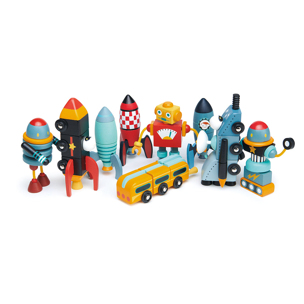 Tender Leaf wooden space race vehicles that can be mixed and matched to create your own rocket car toys. Play with friends and create your own toy world