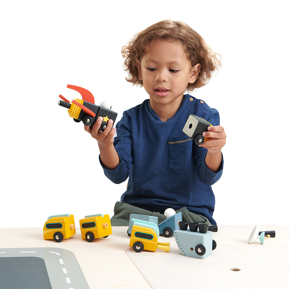 Tender Leaf wooden space race vehicles that can be mixed and matched to create your own rocket car toys. Play with friends and create your own toy world