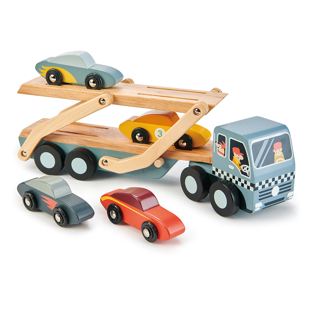 Tender Leaf Toys wooden car transporter toy set for children with lorry and 4 cool colourful cars