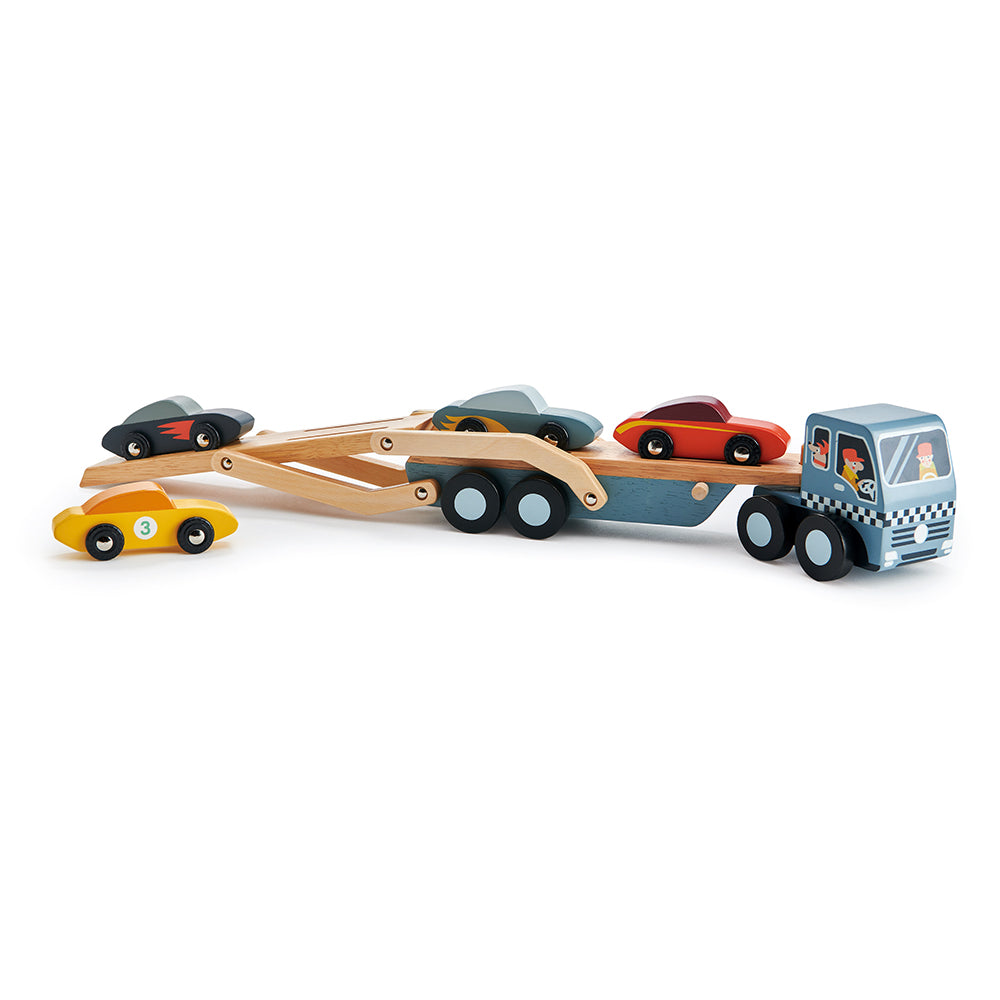 Tender Leaf Toys wooden car transporter toy set for children with lorry and 4 cool colourful cars