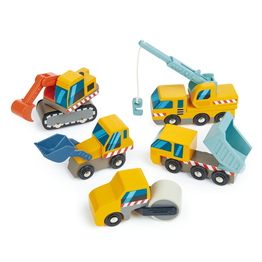 Tender Leaf Toys wooden vehicles construction site, including dump truck, front loader, digger, crane truck, road roller. All with moving parts