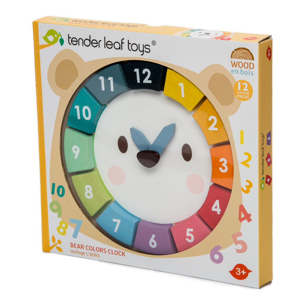 Tender Leaf Toys wooden educational clock and colour game with 2 brightly coloured wooden number blocks