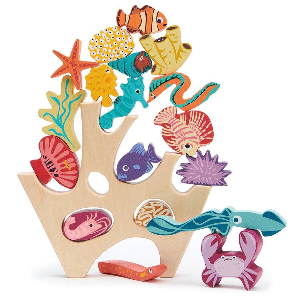 completely plastic free toy wooden stacking under the sea coral rock sea creatures including a shrimp, a squid, a crab, two eels, a sea urchin, a sea anenome, a starfish, a seahorse, three fish, four coral pieces, and a hermit crab.