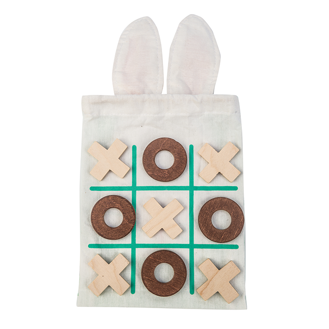 Tender Leaf Toys wooden tic tac toe game with 5 wooden crosses and 5 wooden circles and a bunny drawstring bag