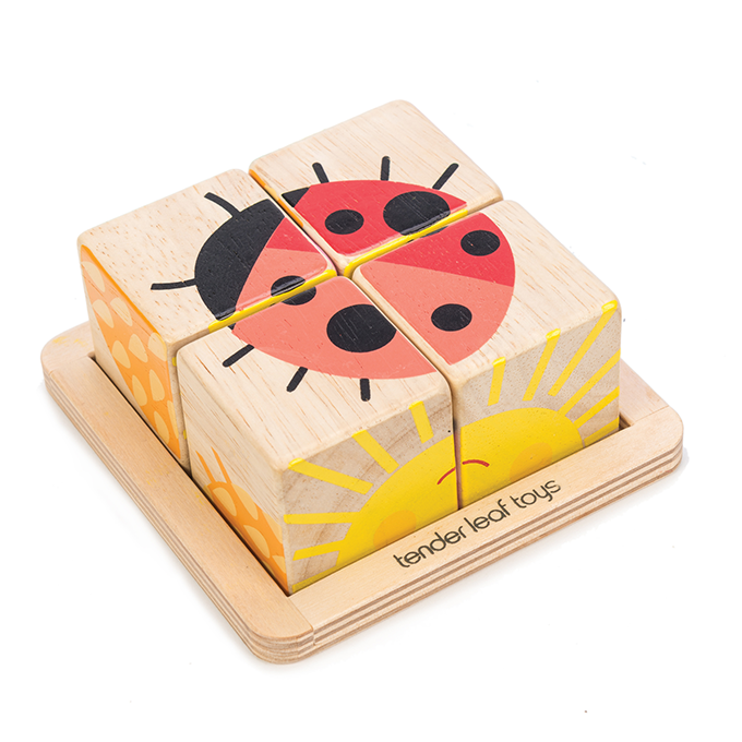 Tender Leaf wooden Baby Blocks for toddlers with ladybug and sunshine illustrations