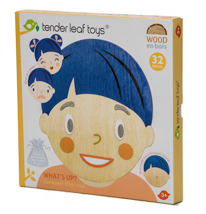 Tender Leaf Toys wooden magnetic face puzzle game with 28 magnetic facial parts to put together and convey all emotions