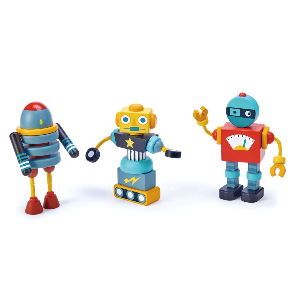 Tender Leaf Toys wooden robot construction set includes 3 brightly coloured and retro style robots that all come apart so that they can be reconstructed in a variety of ways for creative play