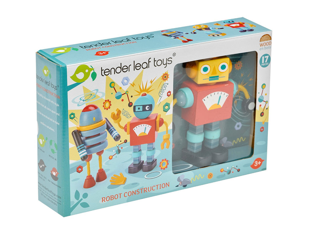 Tender Leaf Toys wooden robot construction set includes 3 brightly coloured and retro style robots that all come apart so that they can be reconstructed in a variety of ways for creative play