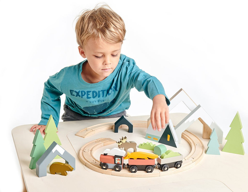 Tender Leaf Toys wooden train set accessories. 5 mountain shape arches are all cut from one solid piece of rubberwood and illustrated to evoke the natural world