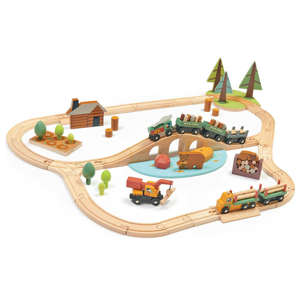 Tender Leaf Toys wooden train set with 30 track pieces and lots of accessories