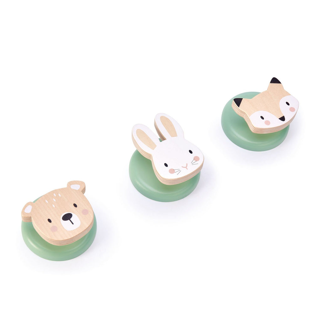 Tender Leaf Toys wooden 3 lovely hooks to place anywhere in the home. A fox, rabbit and a bear adorn the 3 coat hooks
