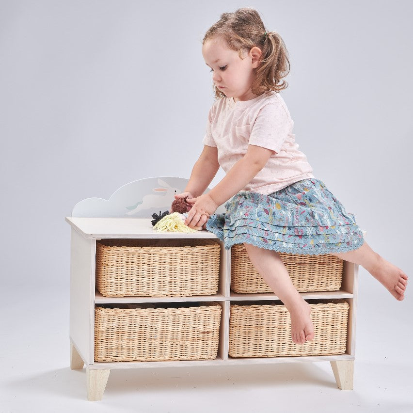 Tenderleaf furniture wooden storage unit with wicker baskets completely plastic free nursery decor
