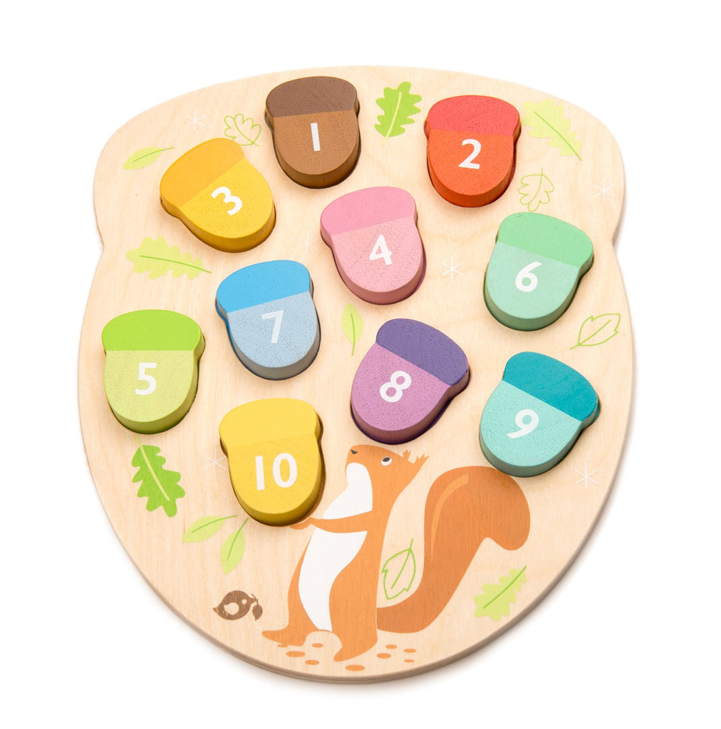 Tender Leaf Toys wooden counting game to educate toddlers. 10 numbered acorn puzzle pieces designed for child development and learning through play