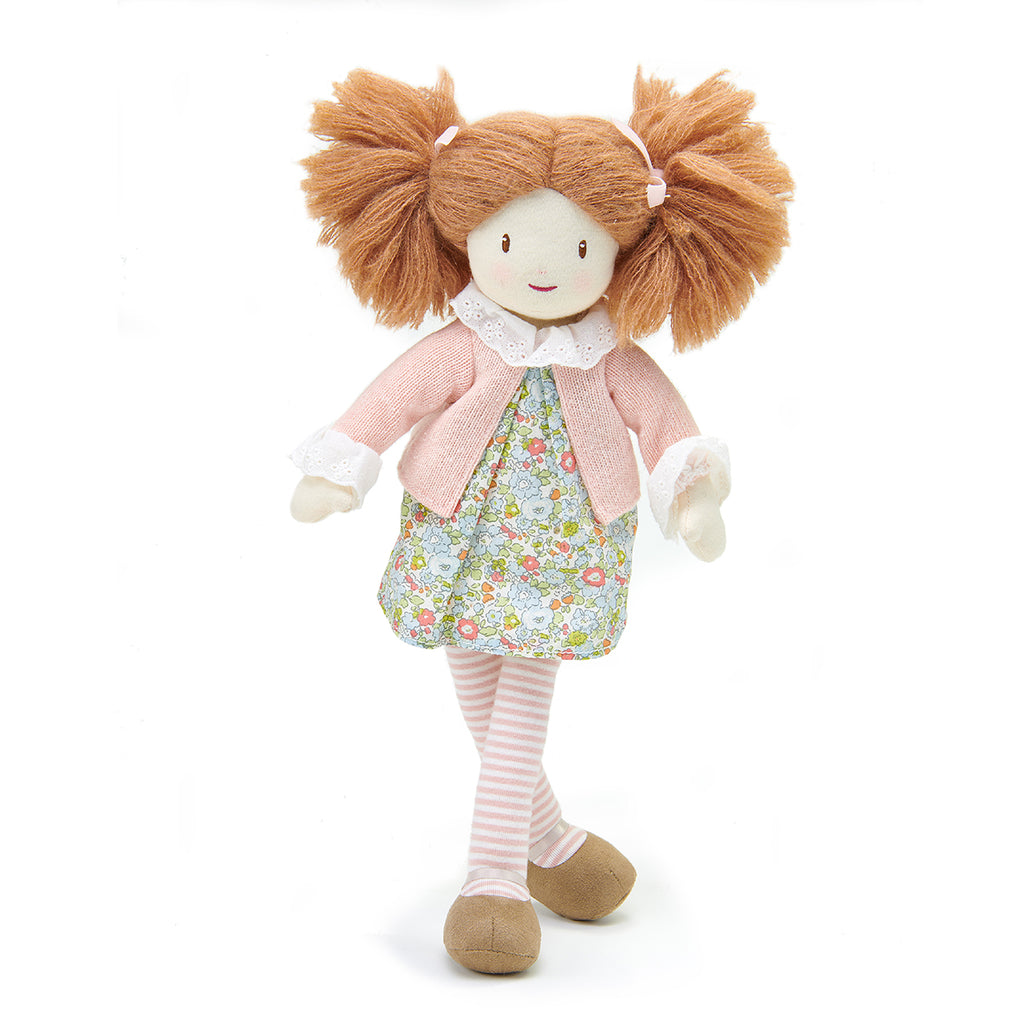 plastic-free rag soft doll with bunches and floral dress with pink cardigan