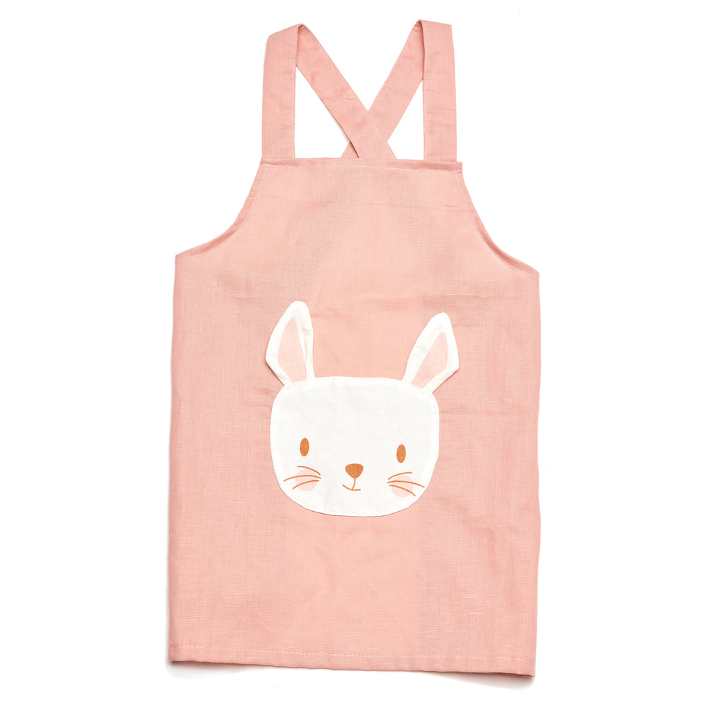 linen apron for children with bunny rabbit pocket machine washable and plastic-free in pink